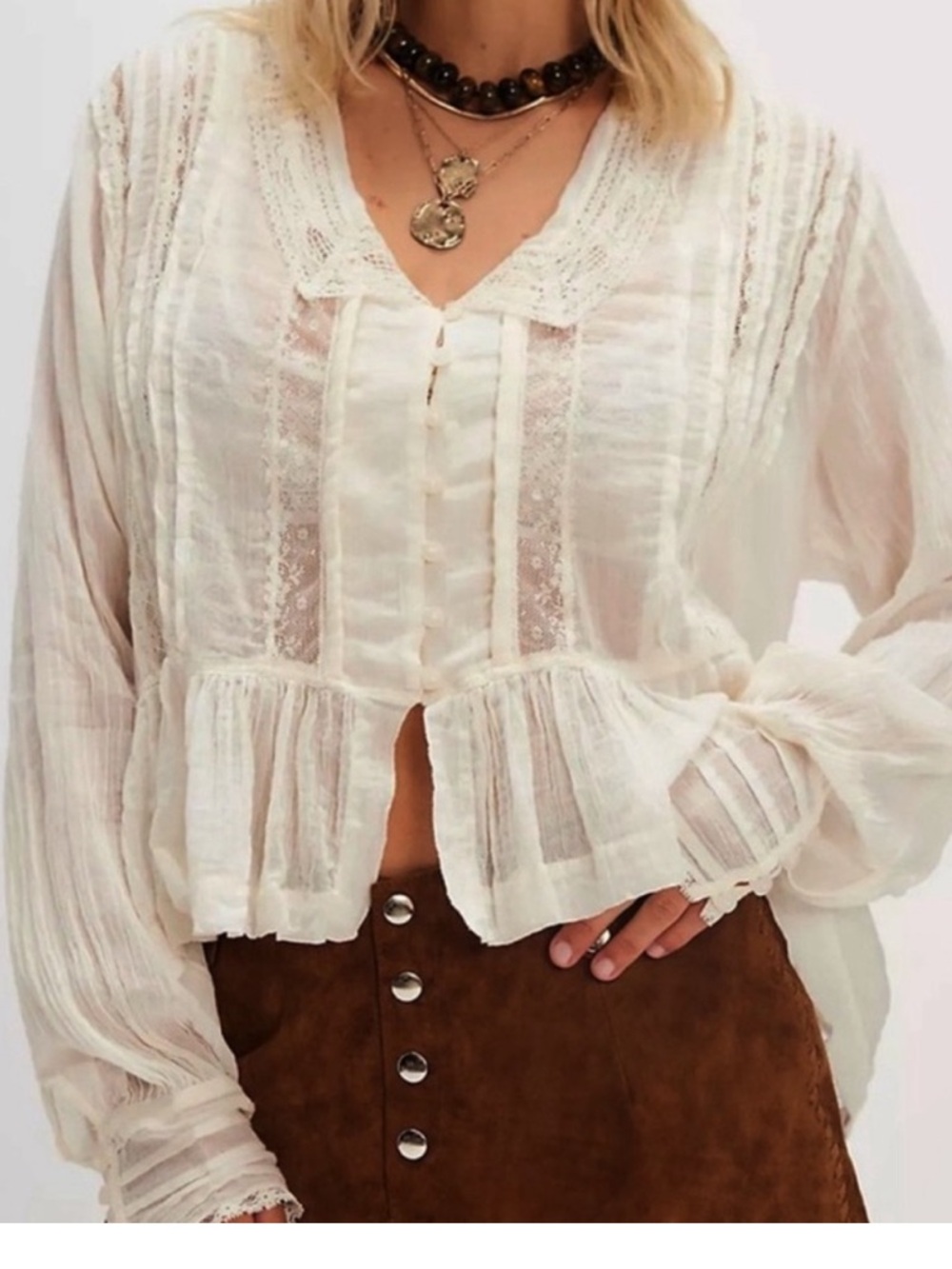 FREE PEOPLE ELODIE LACE EMBELLISHED TOP LARGE IVORY